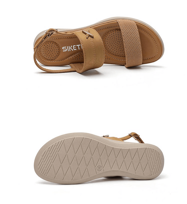 Women's flat beach sandals in tan with buckle strap and TPR outsole, offering comfort and style for outdoor casual wear.